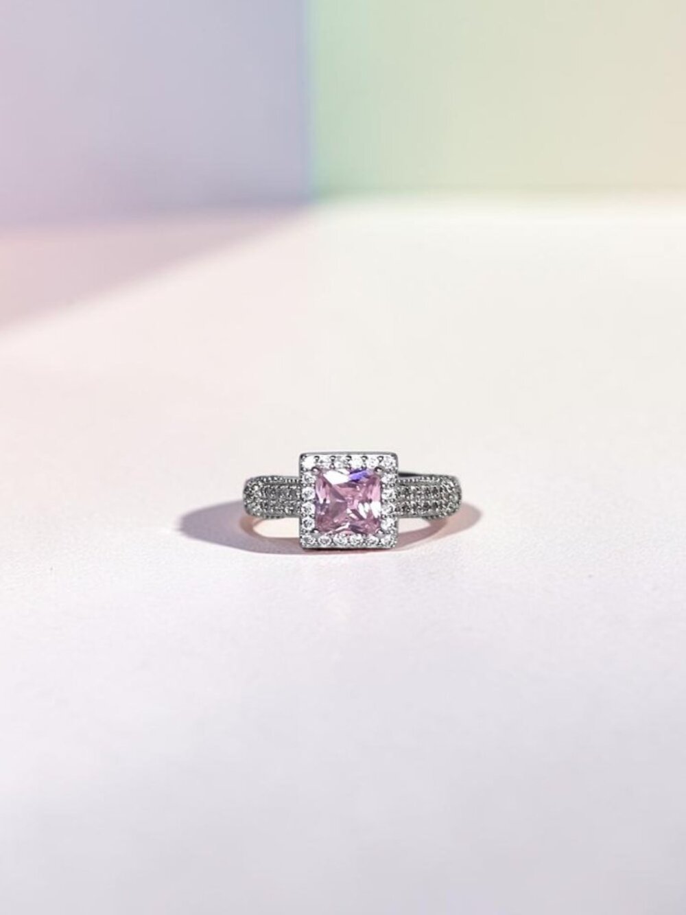 Pink Square Cubic Zirconia Radiant / Princess Cut Halo Silver Tone Ring Size 6